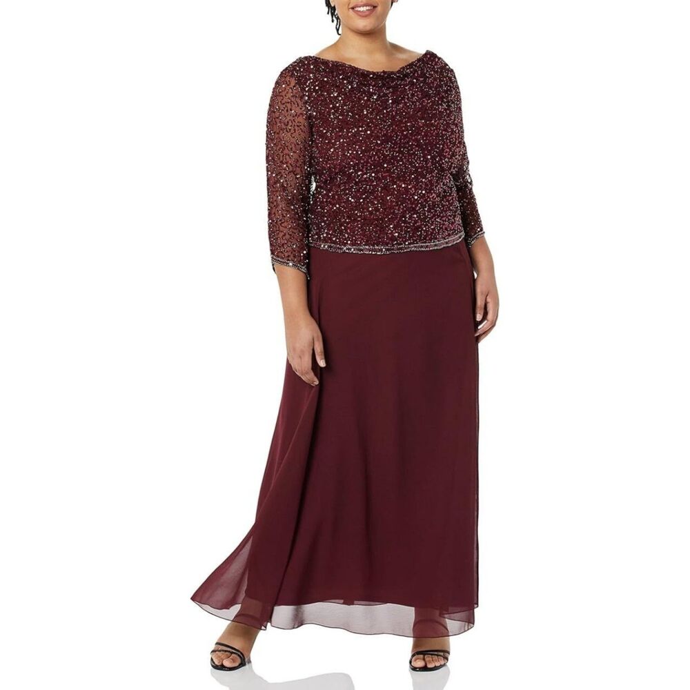 J Kara Women's Long Beaded Dress with Cowl Neck, Cranberry Multi, 12
